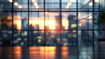 Business, blurred and empty office window with skyline, city and workplace with opportunity. Cityscape, interior and lobby in urban building with sunset, lights and night sky in professional space