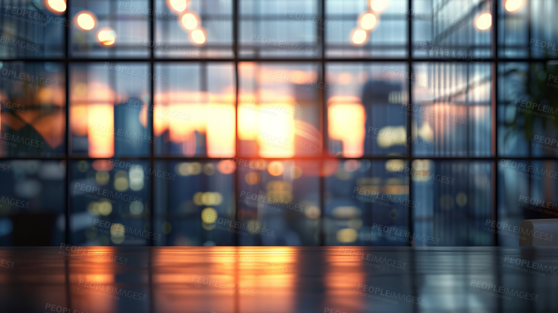 Buy stock photo Business, blurred and empty office window with skyline, city and workplace with opportunity. Cityscape, interior and lobby in urban building with sunset, lights and night sky in professional space