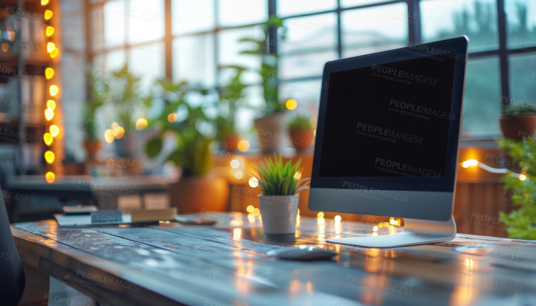 Buy stock photo Office empty, and screen with computer open on desk, workplace and company for creative online job. Productivity, workspace and plants and lights with window for view, table and monitor mockup