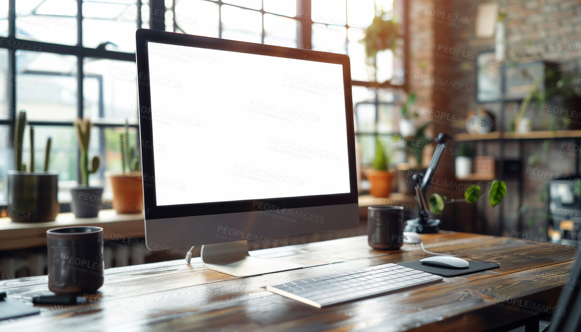 Buy stock photo Office empty, and interior design with computer mockup on desk, workplace and company for creative online job. Productivity, workspace and plants and lights with window for view, monitor and website
