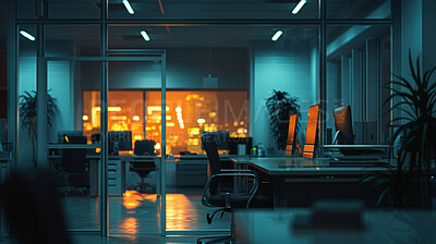 Business, night and empty office with furniture, city and workplace with recruitment opportunity. Dark building, interior and urban architecture with windows, skyline and professional startup space