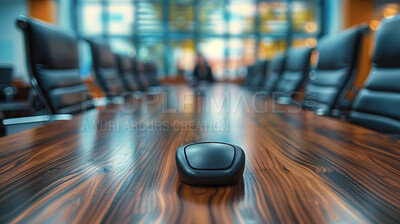 Business, table and empty boardroom with intercom, wood and workplace with opportunity. Office, interior and conference room with window, and furniture professional space for meeting with microphone