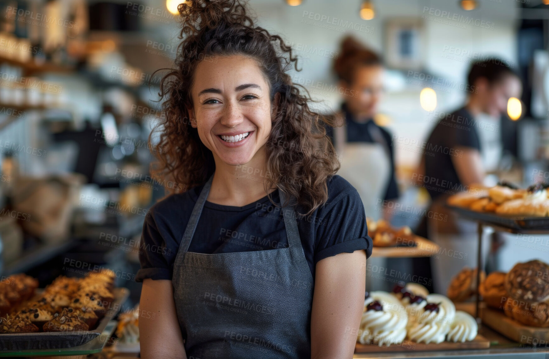 Buy stock photo Portrait, business and woman at cafe with confidence in startup, growth and ownership. Coffee shop, waiter and smile or satisfied with restaurant progress and investment as entrepreneur and proud