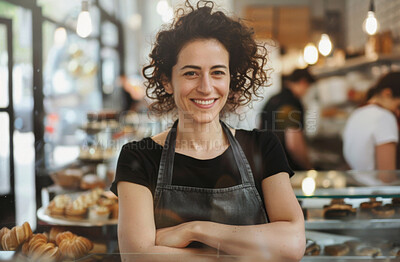 Portrait, business and woman at cafe with smile in startup, growth and ownership. Coffee shop, waiter and confidence or happy with restaurant progress and investment as entrepreneur and proud