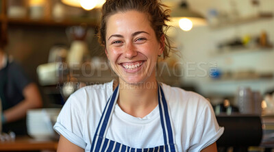 Buy stock photo Portrait, barista and woman in cafe, smile and small business with happiness, waitress and friendly. Face, person and girl in restaurant, apron and entrepreneur with service, confident or hospitality