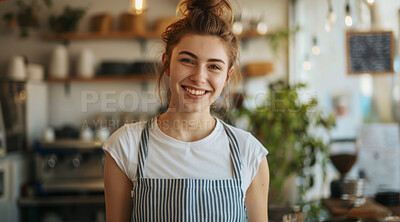 Portrait, small business and proud as woman at cafe in startup, growth and ownership. Coffee shop, waiter and smile or happy with restaurant progress and investment as entrepreneur and confident