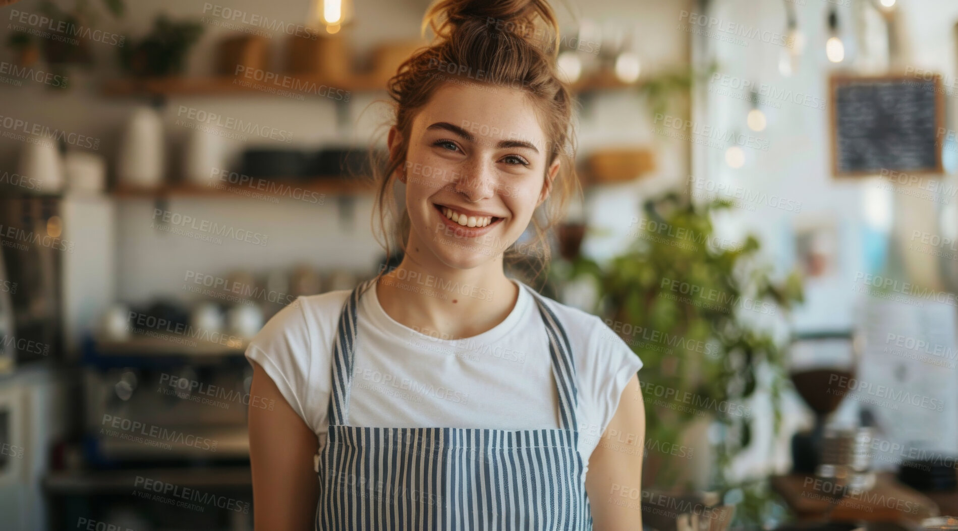 Buy stock photo Portrait, small business and proud as woman at cafe in startup, growth and ownership. Coffee shop, waiter and smile or happy with restaurant progress and investment as entrepreneur and confident