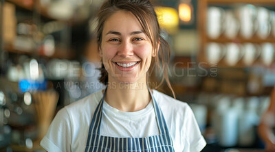 Buy stock photo Portrait, small business and happy as woman at cafe in startup, growth and ownership. Coffee shop, waiter and smile or confidence with restaurant progress and investment as entrepreneur and proud