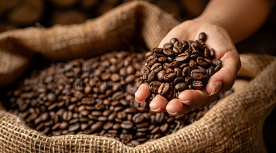 Buy stock photo Hand, woman and roast with coffee beans with pattern in basket for produce, ingredient and organic growth. Cafe, fresh and person with texture for caffeine, harvest and natural farming in Brazil