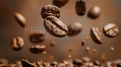 Buy stock photo Brown, roast and coffee beans with pattern of grain for espresso, caffeine and natural produce. Blend, fresh and background with textures of seeds for beverage, ingredient and organic harvest