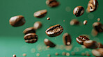 Sustainable, roast and fresh coffee beans with texture for cappuccino, espresso and natural harvest. Organic, ingredients and brown grain seeds for caffeine production in Brazil by green background.