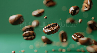 Buy stock photo Sustainable, roast and fresh coffee beans with texture for cappuccino, espresso and natural harvest. Organic, ingredients and brown grain seeds for caffeine production in Brazil by green background.