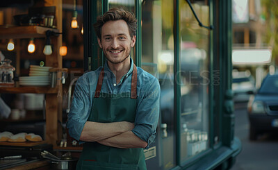 European man, portrait and confident by coffee shop for business, customer and hospitality. Barista, smile and happy owner in cafe store for startup, entrepreneur and restaurant welcome in New York