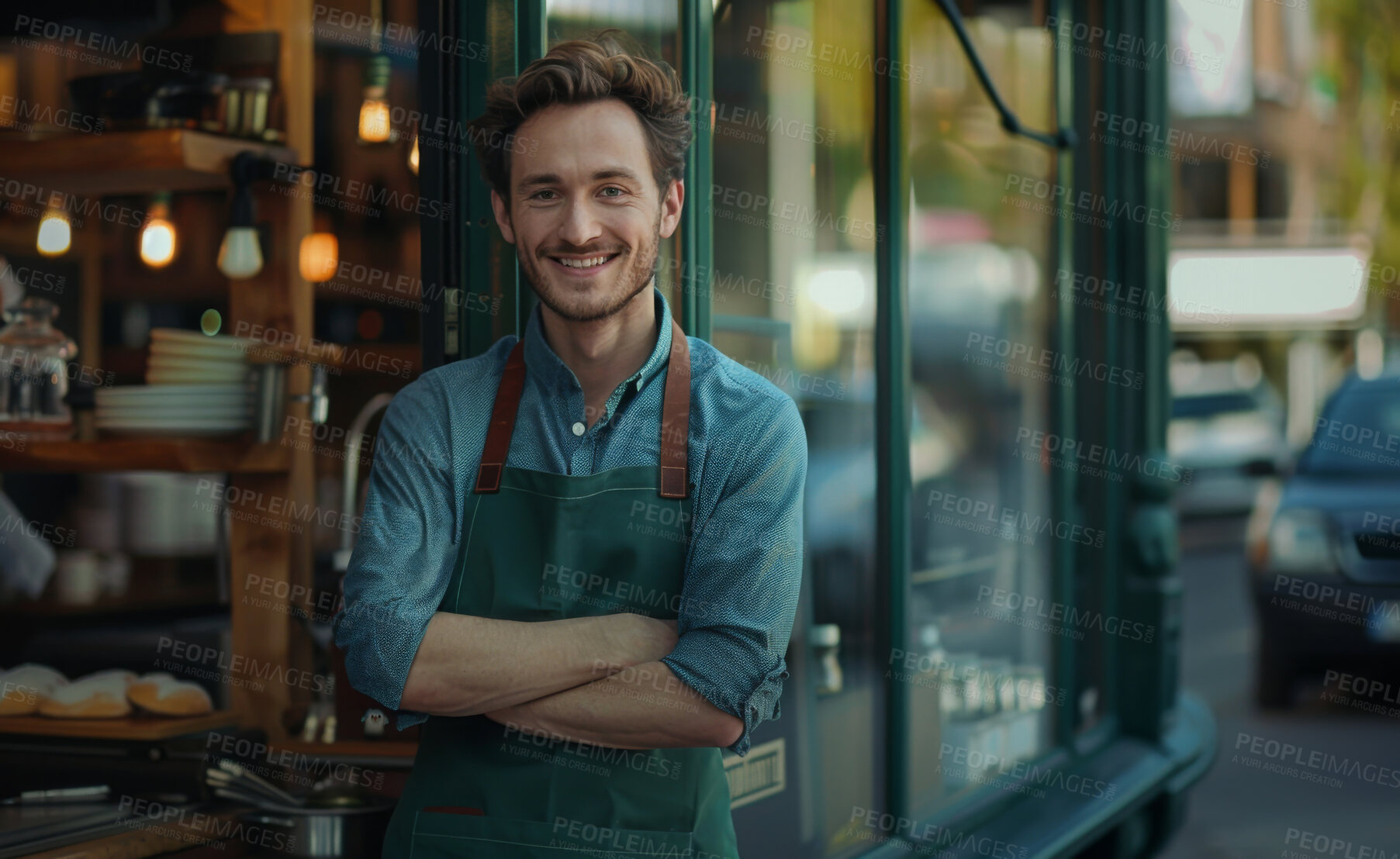 Buy stock photo European man, portrait and confident by coffee shop for business, customer and hospitality. Barista, smile and happy owner in cafe store for startup, entrepreneur and restaurant welcome in New York