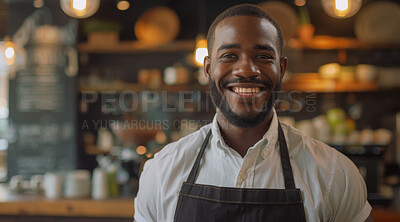 Buy stock photo Black man, happy and portrait in coffee shop for business, customer and hospitality. Barista, smile and new owner in cafe store or restaurant for startup career, entrepreneurship and excellence