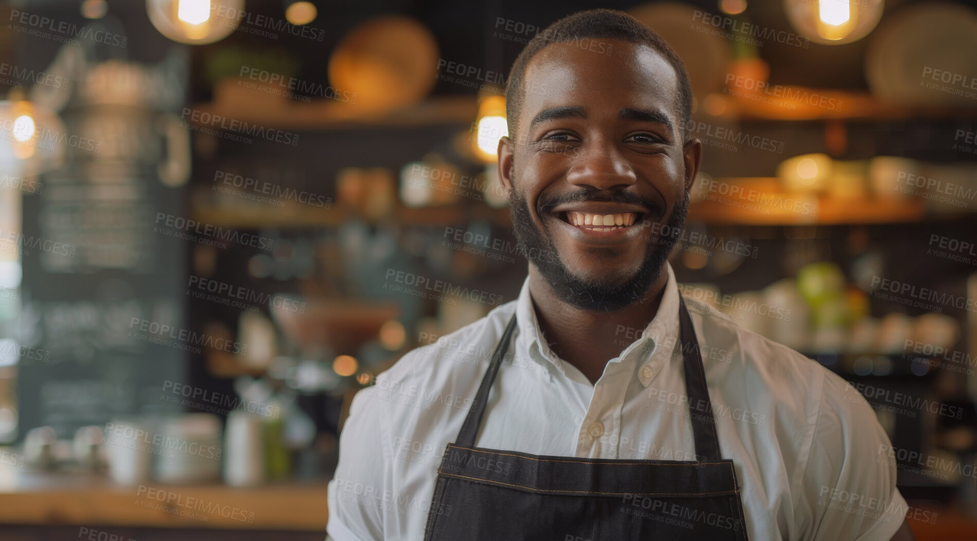 Buy stock photo Black man, happy and portrait in coffee shop for business, customer and hospitality. Barista, smile and new owner in cafe store or restaurant for startup career, entrepreneurship and excellence