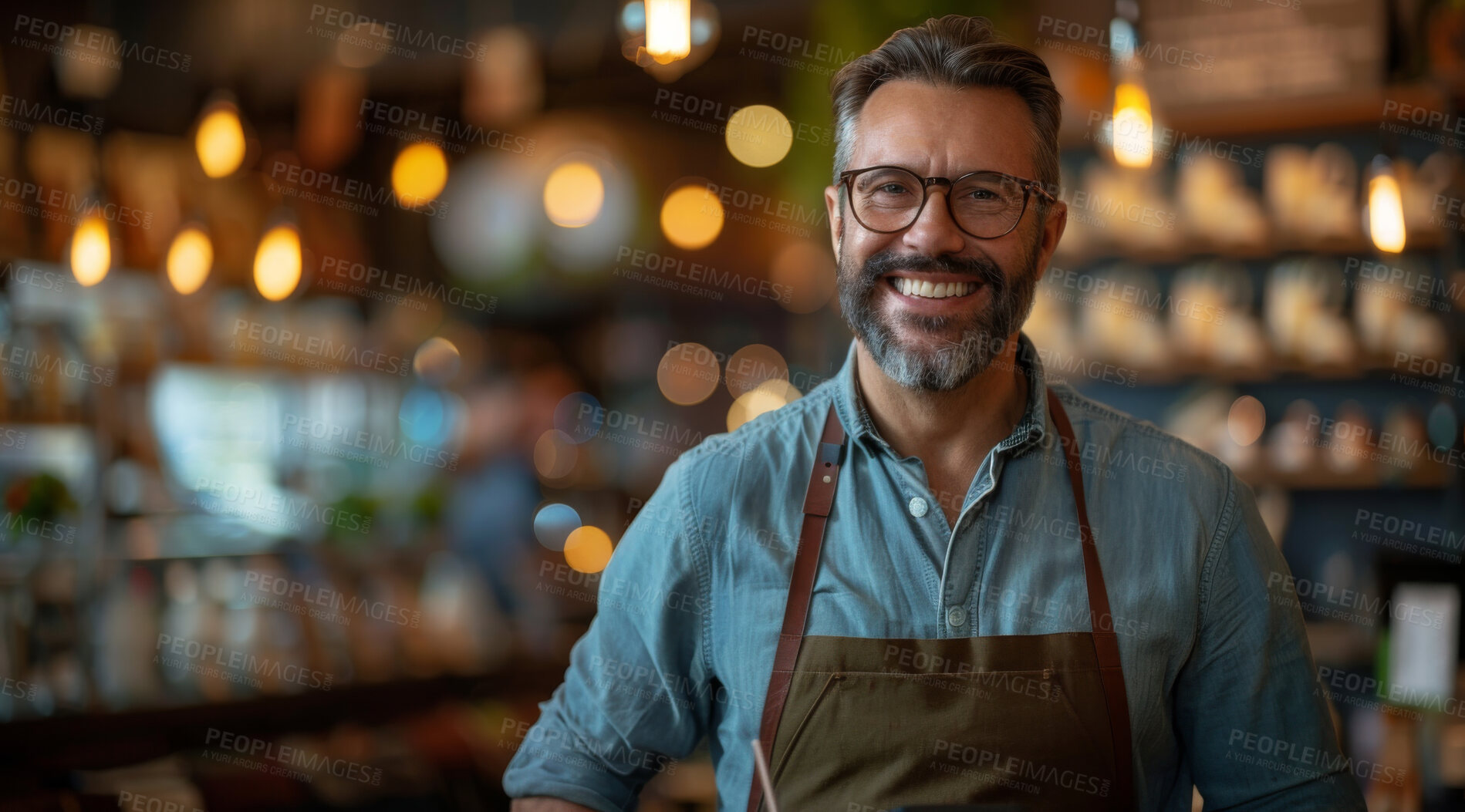 Buy stock photo Portrait, mature man or waiter with apron in coffee shop for customer service, employment or small business. Happy, male person or barista in restaurant with smile for hospitality and confidence