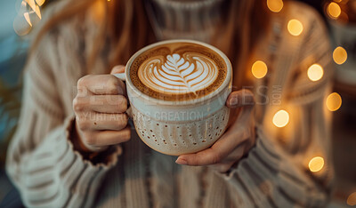 Buy stock photo Woman, coffee and closeup with hands for latte art or foam, creative or care with drink. Lights, espresso and zoom with milk in restaurant for winter, barista with inspiration in New York City