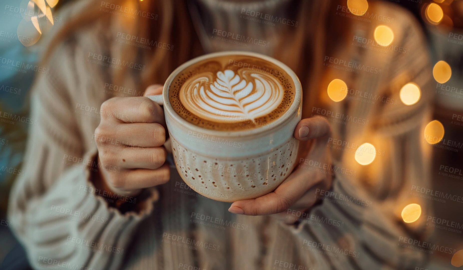 Buy stock photo Woman, coffee and closeup with hands for latte art or foam, creative or care with drink. Lights, espresso and zoom with milk in restaurant for winter, barista with inspiration in New York City