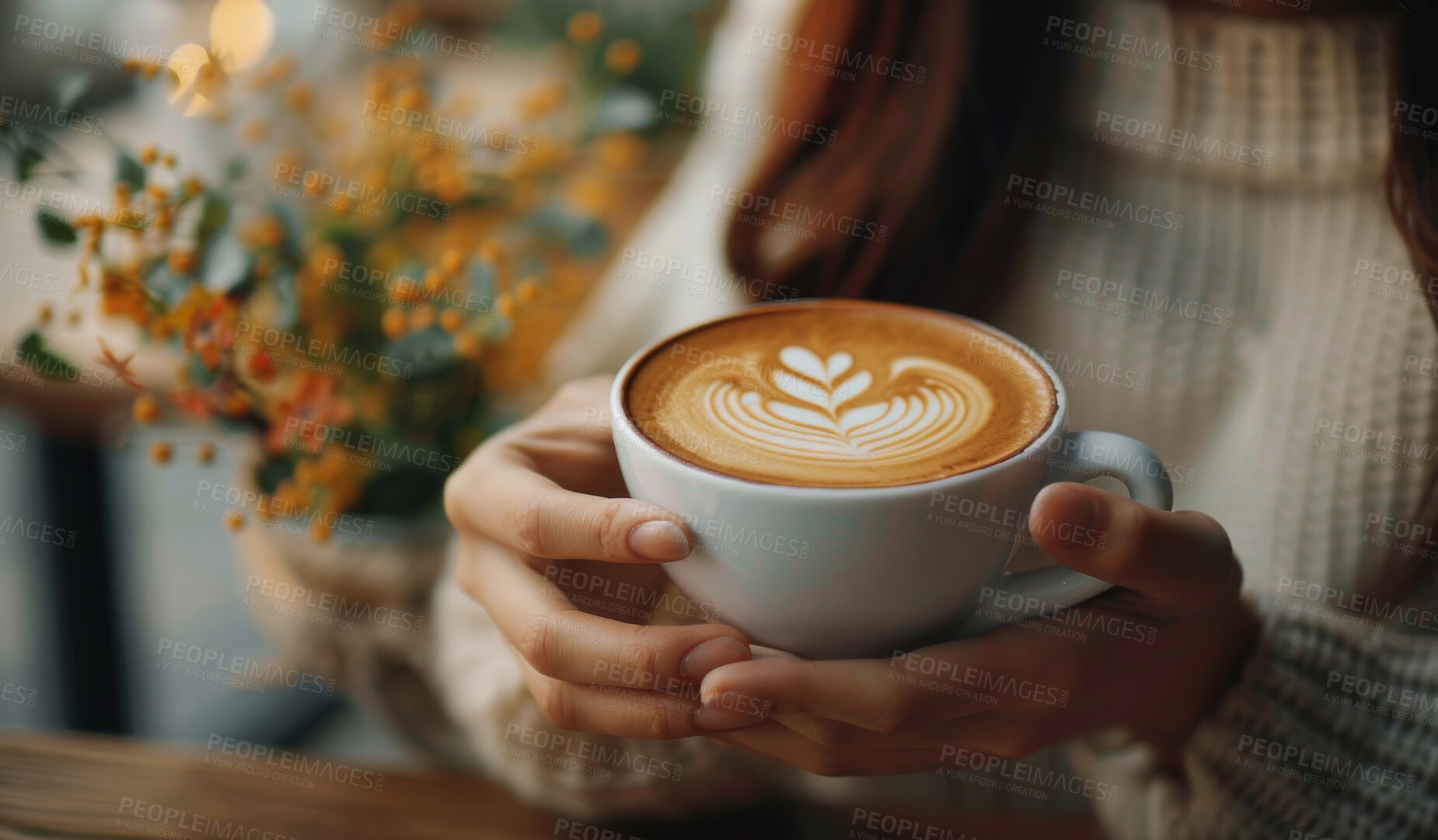 Buy stock photo Woman, coffee and closeup with hands for latte art or foam, creative or care with drink. Female person, espresso and zoom with milk in restaurant for winter, barista with inspiration in New York City