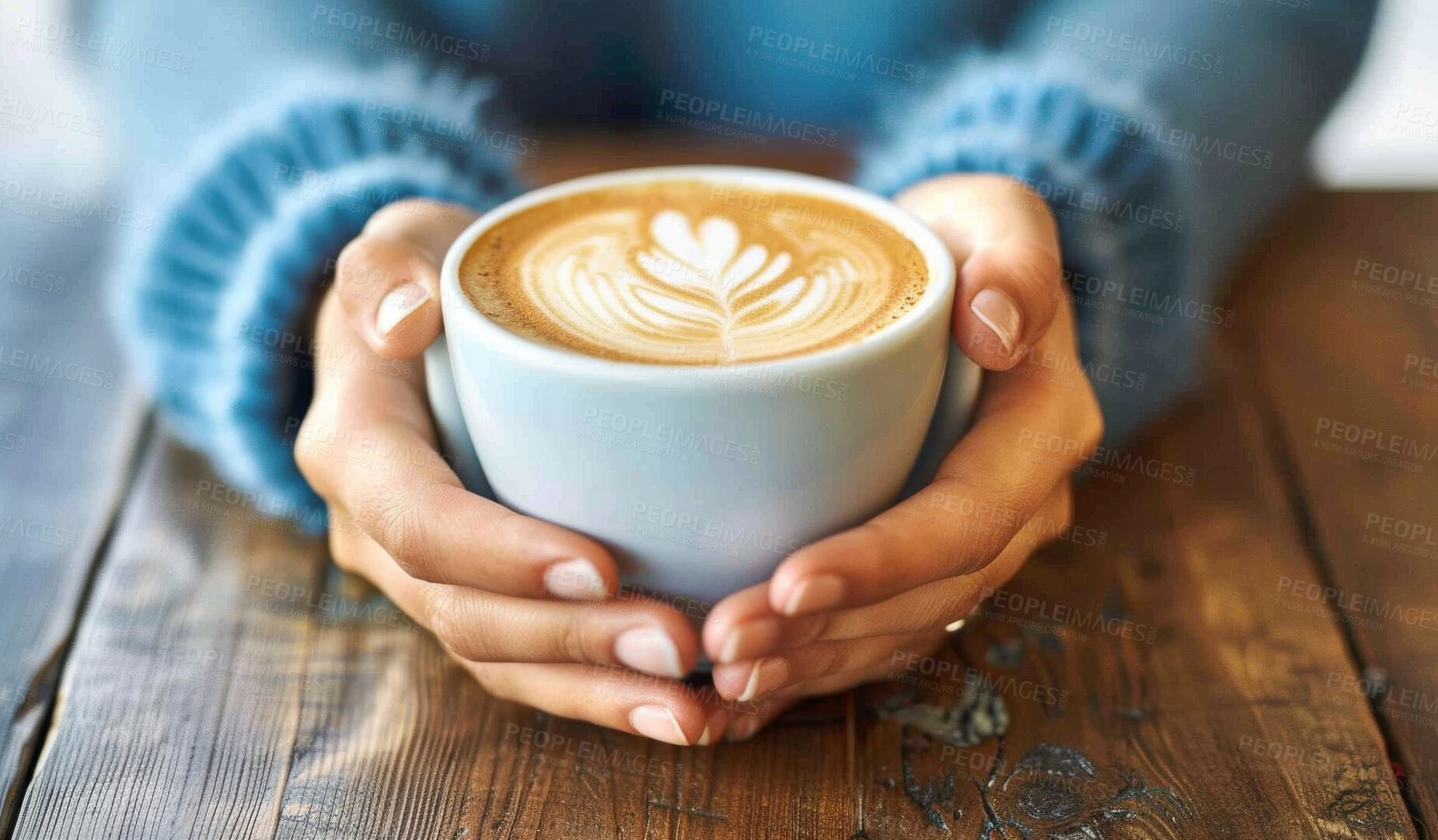 Buy stock photo Coffee, hands and girl at a cafe with latte art, caffeine and travel break or local shop experience. Foam, leaf or customer relax with espresso design at a restaurant for weekend, chilling or service