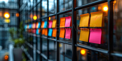 Sticky notes, row and glass window with paper for reminder, tasks or line agenda at office. Empty documents, sign or tabs of small documents for schedule planning, brainstorming or post at workplace