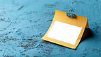 Sticky note, clip and mockup space with paper for reminder, tasks or agenda on a blue background. Empty document, sign or small tab for schedule planning, brainstorming or post for checklist or tips