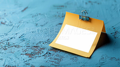 Buy stock photo Sticky note, clip and mockup space with paper for reminder, tasks or agenda on a blue background. Empty document, sign or small tab for schedule planning, brainstorming or post for checklist or tips