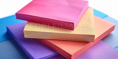 Buy stock photo Stack, sticky notes and stationery for art with color in studio for planning, vision and ideas. Writing, collaboration and mockup space for text, project and assignment to brainstorm with creativity