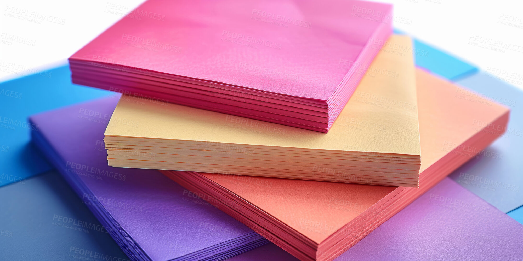 Buy stock photo Stack, sticky notes and stationery for art with color in studio for planning, vision and ideas. Writing, collaboration and mockup space for text, project and assignment to brainstorm with creativity