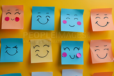 Paper, art or sticky note smile drawing on wall for creative, design or storyboard sketch. Classroom, school or autism emotion cards for learning, understanding or autistic student feeling identifier