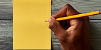 Person, hands and writing with sticky note for schedule planning, tasks or agenda on a blue background. Closeup of planner with empty document, sign or small tab for reminder, checklist or post tips