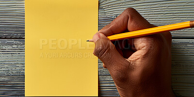 Person, hands and writing with sticky note for schedule planning, tasks or agenda on a blue background. Closeup of planner with empty document, sign or small tab for reminder, checklist or post tips