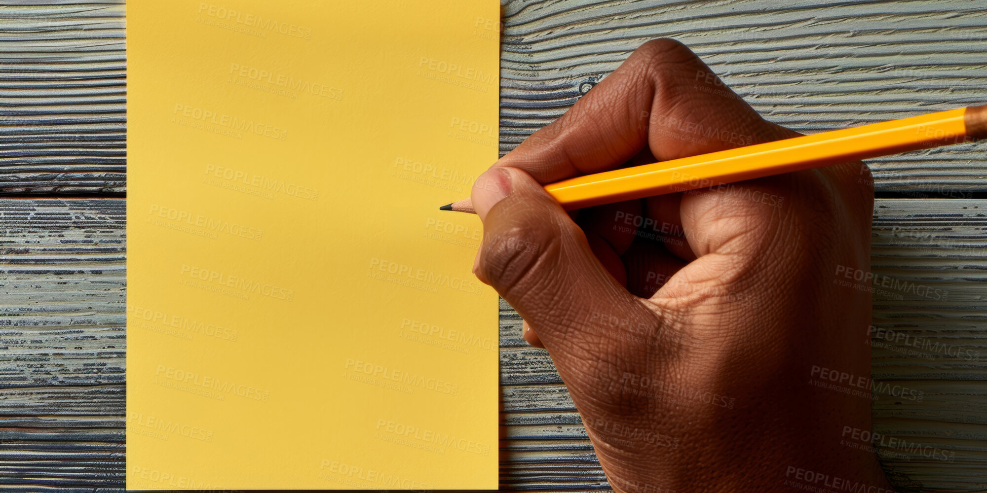 Buy stock photo Person, hands and writing with sticky note for schedule planning, tasks or agenda on a blue background. Closeup of planner with empty document, sign or small tab for reminder, checklist or post tips