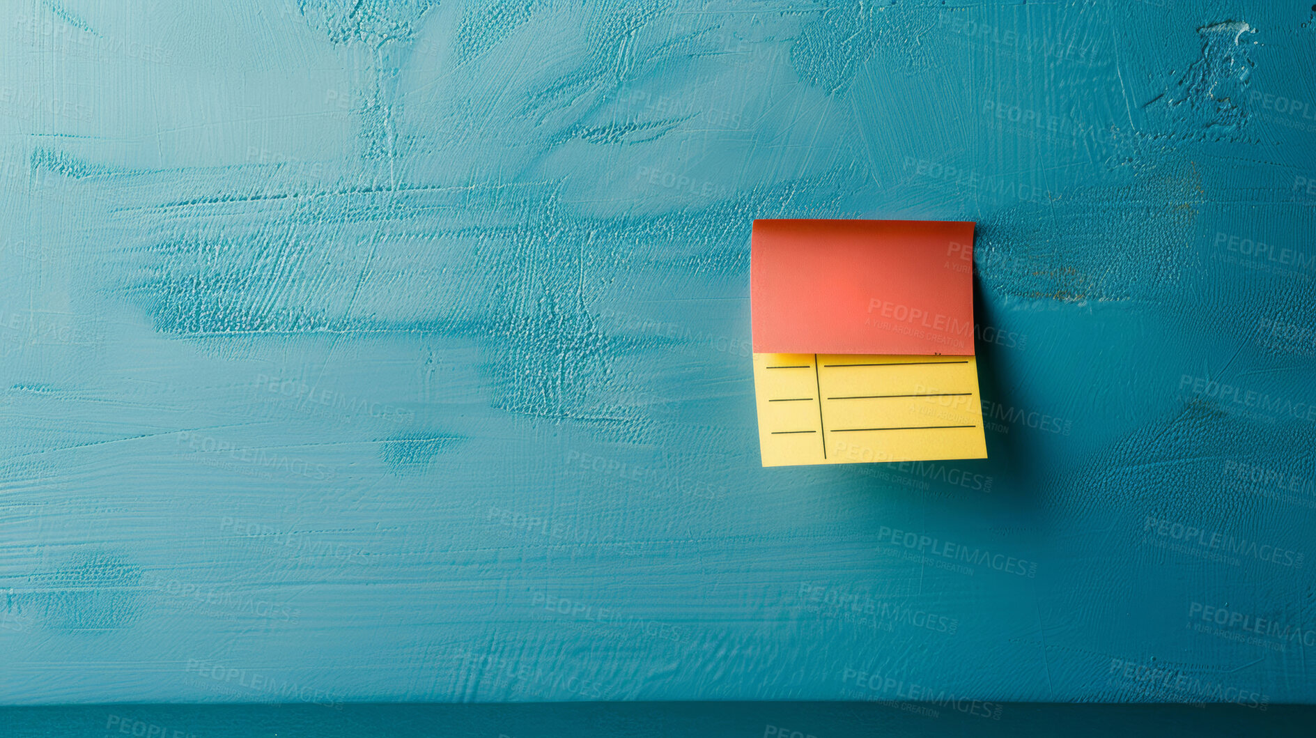 Buy stock photo Sticky notes, wall and mockup space with paper for reminder, tasks or agenda on a blue background. Empty document, sign or small tab for schedule planning, brainstorming or post for checklist or tips