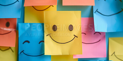 Sticky notes, art and drawing with smiley emoji or face for planning, vision and ideas. Writing, collaboration and happy with project, assignment and brainstorm in board or wall for creativity