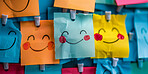 Sticky notes, art and drawing with smiley emoji in notice board for planning, vision and ideas. Writing, collaboration and happy with project, assignment and brainstorm in wall for creative task