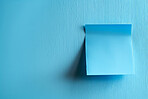 Sticky note, wall and paper with reminder or mockup space for tasks, agenda or page on a blue background. Empty document, sign or list for schedule planning, brainstorming or post, checklist and memo