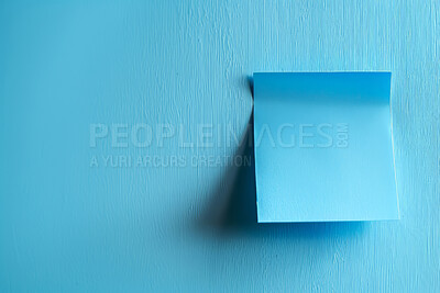 Buy stock photo Sticky note, wall and paper with reminder or mockup space for tasks, agenda or page on a blue background. Empty document, sign or list for schedule planning, brainstorming or post, checklist and memo