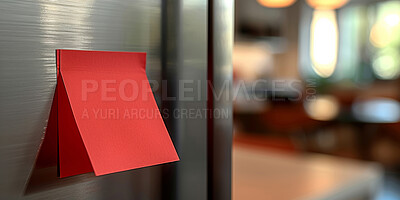 Paper, sticky note and mockup on fridge for grocery, reminder or supermarket checklist in house kitchen. Empty, space and refrigerator notepad sheet in home for writing, shopping or creative message