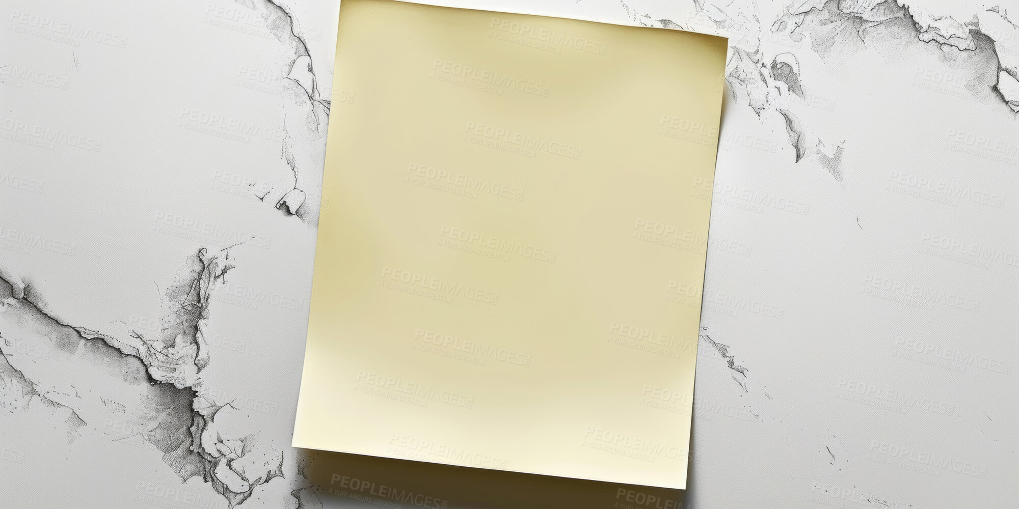 Buy stock photo Sticky note, paper and reminder with page above for tasks, agenda or mockup space on a marble surface. Top view of empty document for schedule planning, brainstorming or post for checklist or memo