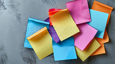 Buy stock photo Sticky notes, art and creativity with colors for ideas, vision and planning with task sharing. Writing, collaboration and mockup space for text, project and assignment for brainstorming and quotes