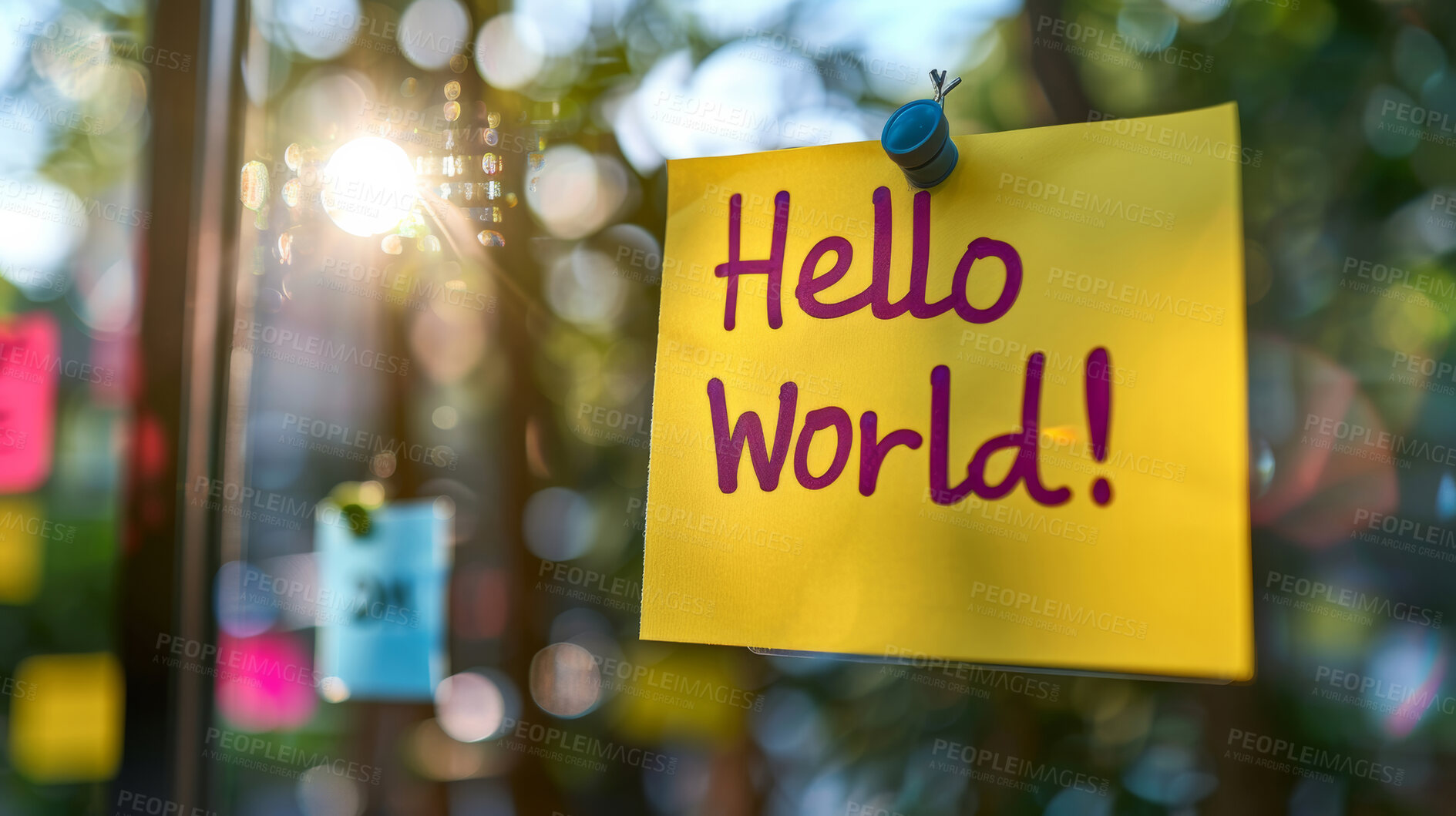Buy stock photo Hello world, paper art and sticky note for invitation and welcome to community outdoor in nature. Message, text and greeting for earth day and environmental awareness outside with lens flare on glass