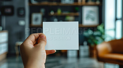 Person, hand and blank page with mockup for note, message or gift card in living room at home. Closeup of empty paper, poster or small sign for alert, notification or reminder of agenda, memo or task