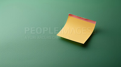 Sticky note, page and mockup with paper for agenda, tasks or reminder on a green background. Empty space, sign or small document for alert, notification or message on memo, memory or label and post