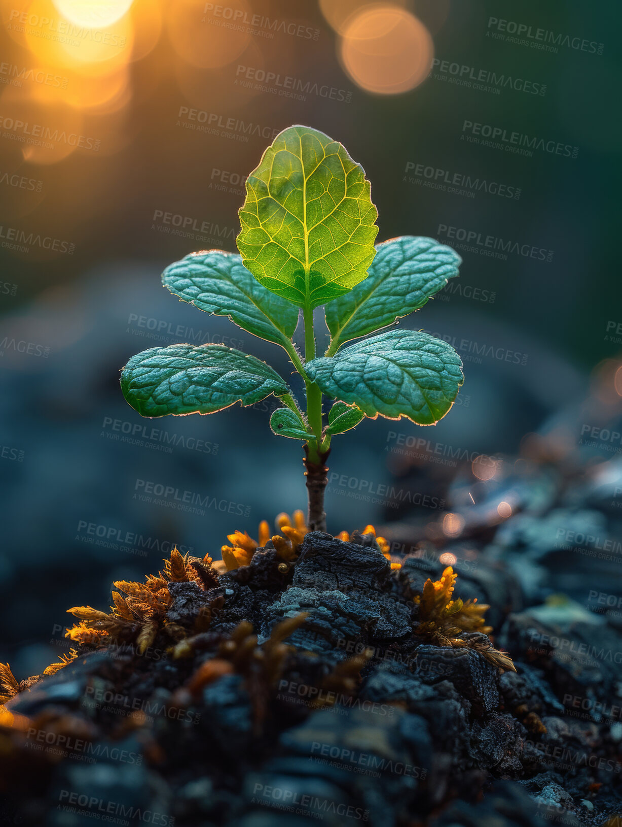 Buy stock photo Sapling, growth and soil in nature for agriculture, gardening dirt or fertiliser sustainability. Bokeh, agro and green leaves with plant for natural environment, earth day or spring for eco friendly