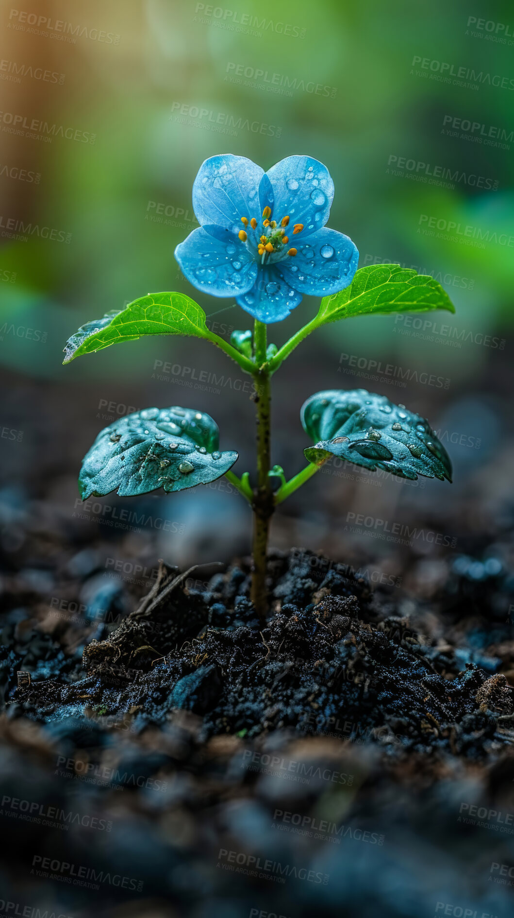 Buy stock photo Flower, earth and plant in nature, garden and mockup in environment, blue clematis or leaves in soil outdoor. Agriculture, dirt and field for carbon footprint, sustainability and project for seedling