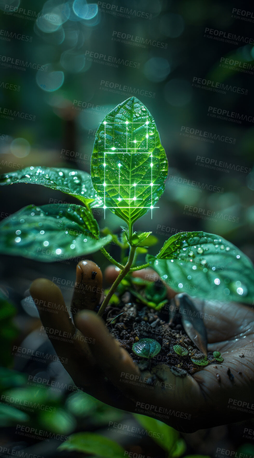 Buy stock photo Seedling, futuristic and plant in nature, hands and ecology of environment, farmer and outdoor in soil of garden. Agriculture, dirt and volunteer with care for sustainability, eco  friendly or person