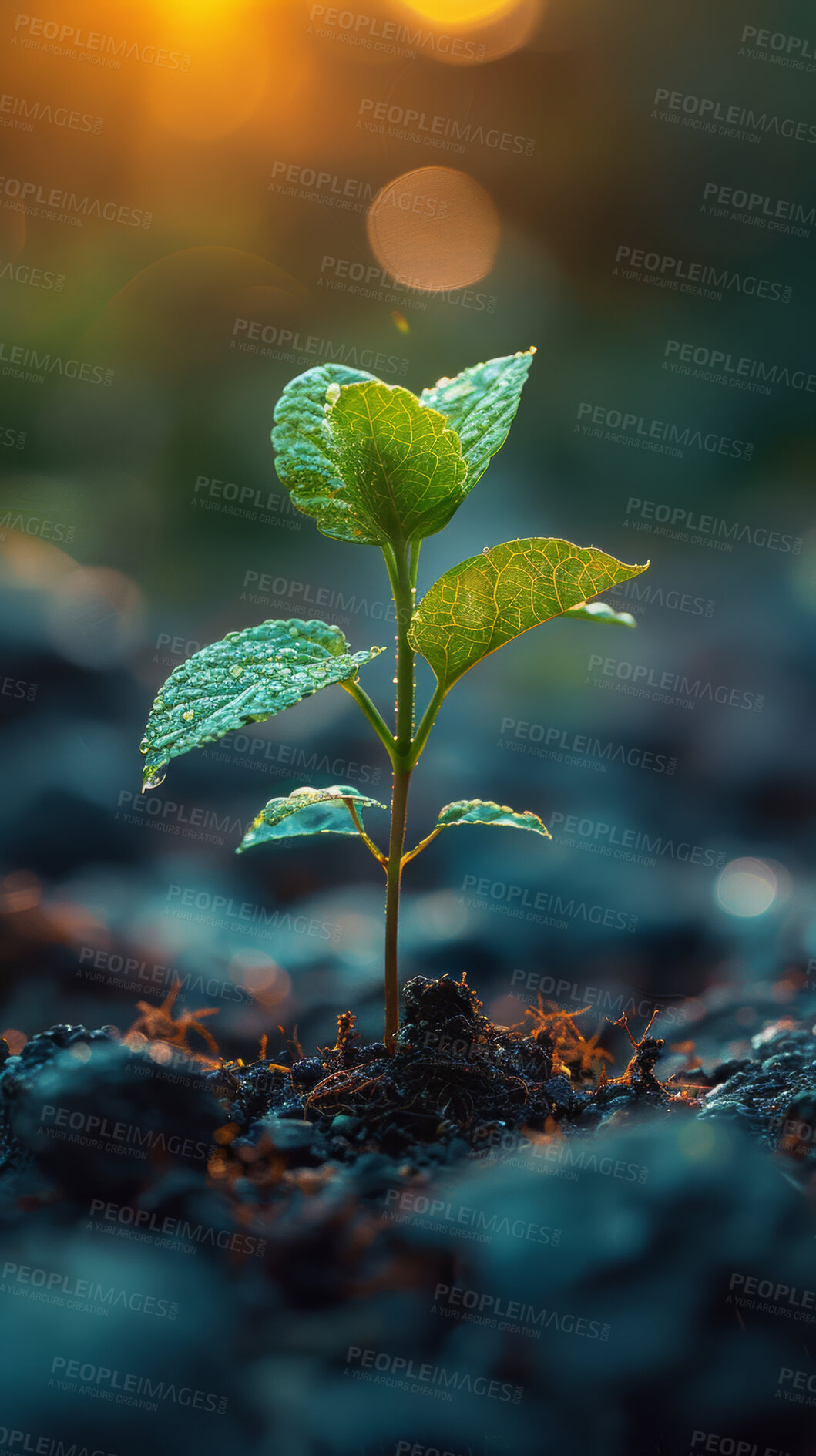 Buy stock photo Plant, growth and mud in nature for sustainability, seedlings or fertiliser soil. Bokeh, agro and green leaves with sapling for natural environment, earth day or spring for eco friendly park