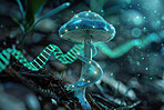 Psychedelic, mushroom and plant in forest with rna sequence for growth and prosperity in nature. Magic, fungus and colorful foliage in woods with gene strain for artificial life, gmo and agriculture